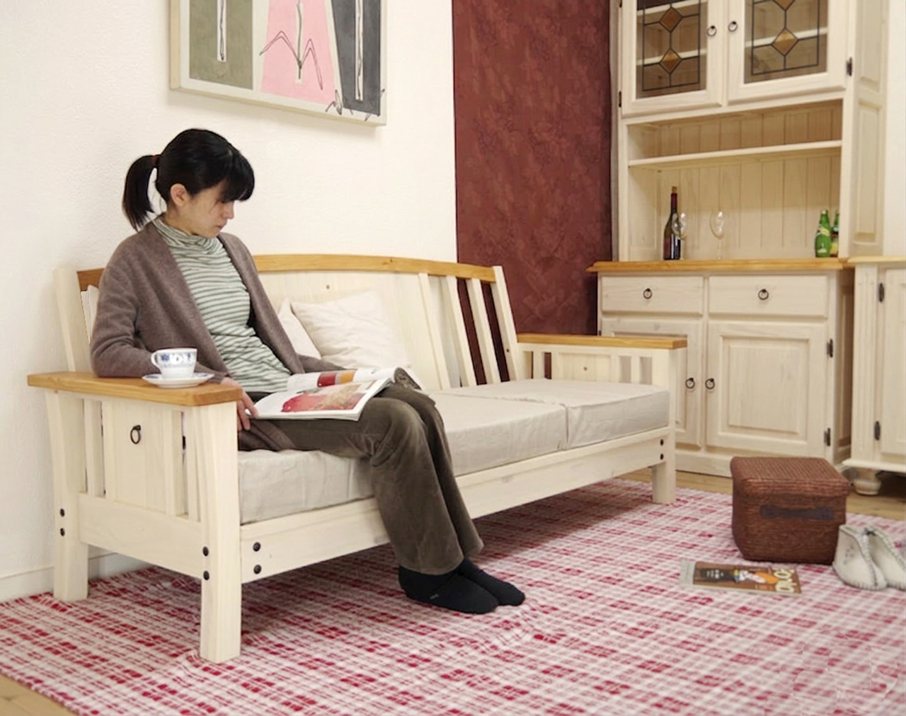 白いカントリーパインソファ3人用